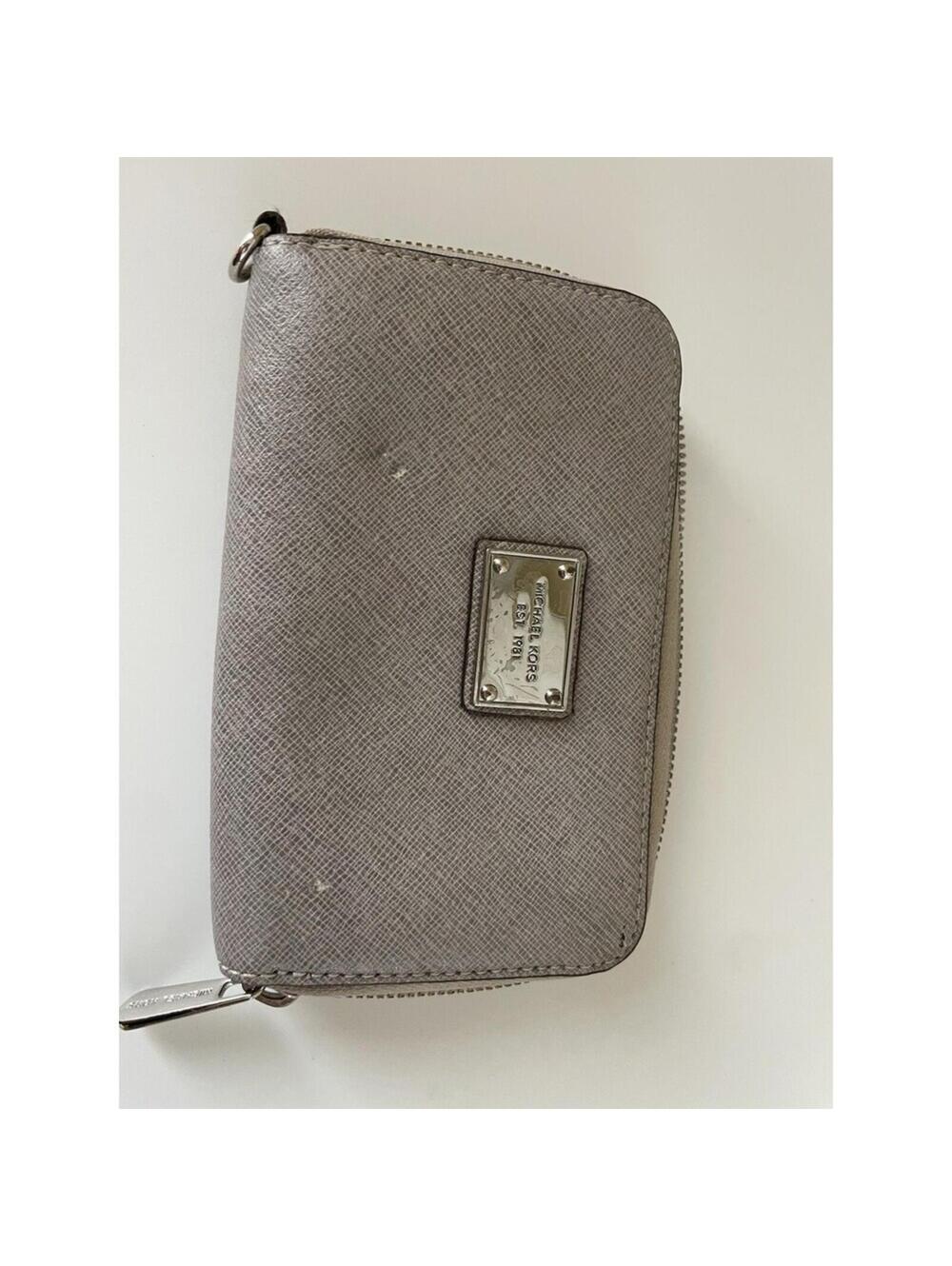 Michael Kors Jet Set Grey Saffiano Leather Zip Around Wallet Silver Grey